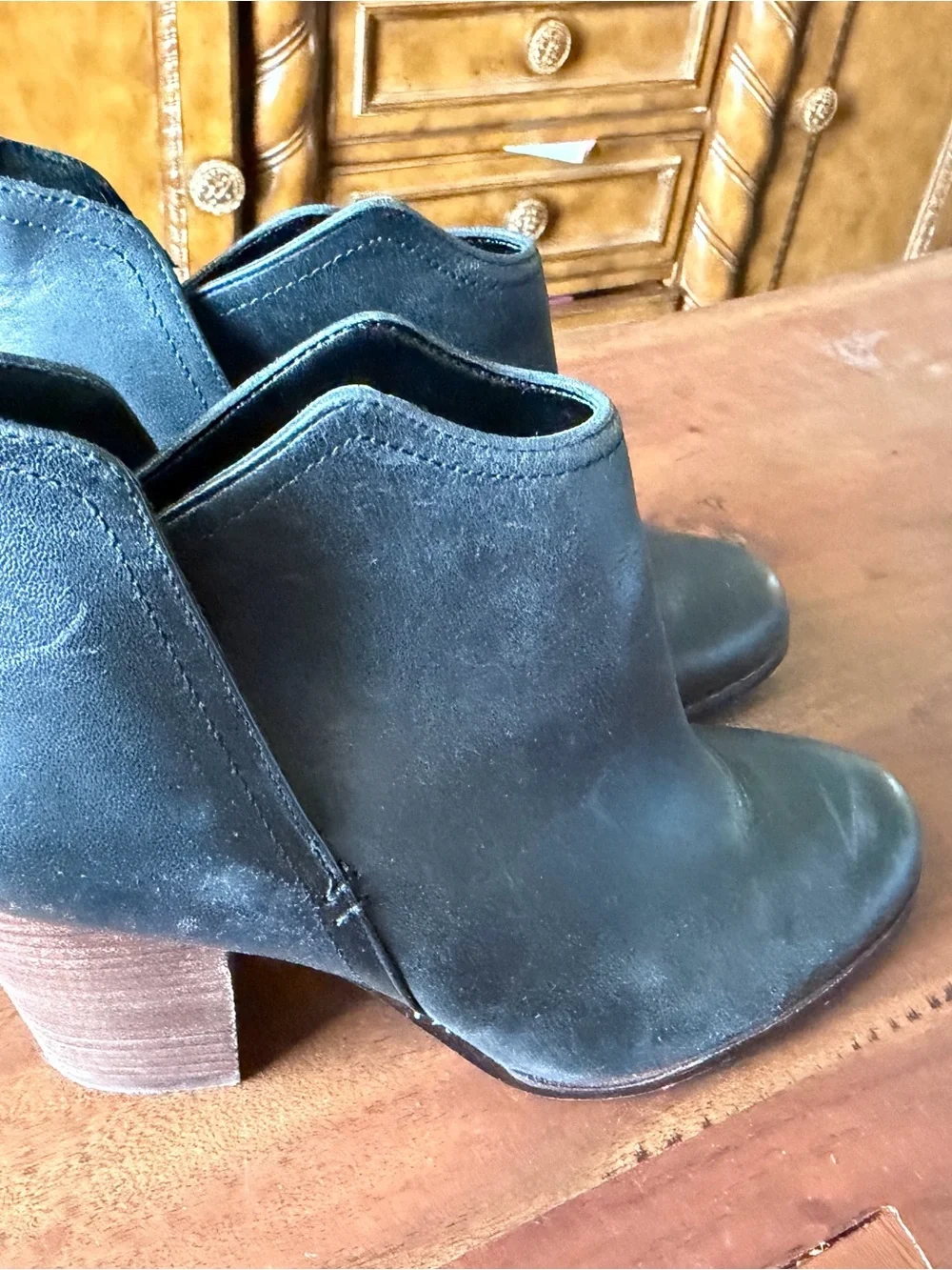 Copper Key Black Leather Ankle Booties with Brown Block Heel